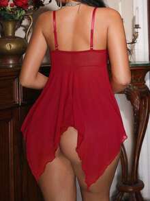 Women's Lace Trim Sheer Babydoll Lingerie Set - Spaghetti Strap Mesh Chemise With G-String For Valentine's Day Nightwear - Đỏ - Xem 5