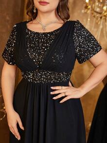 Abendkleid für Damen in Große Größen mit rundem Ausschnitt, regulären Kurzarmen, Pailletten-Patchwork und ausgestelltem Chiffon-Rock für Partys - Schwarz - Übersicht 6