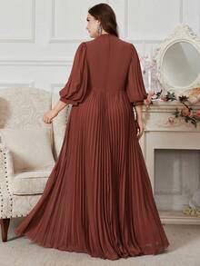 Elegant Pleated Lantern Sleeve Maxi Chiffon Bridesmaid Dress With Square Neckline And Flared Hem - Redwood - View 2