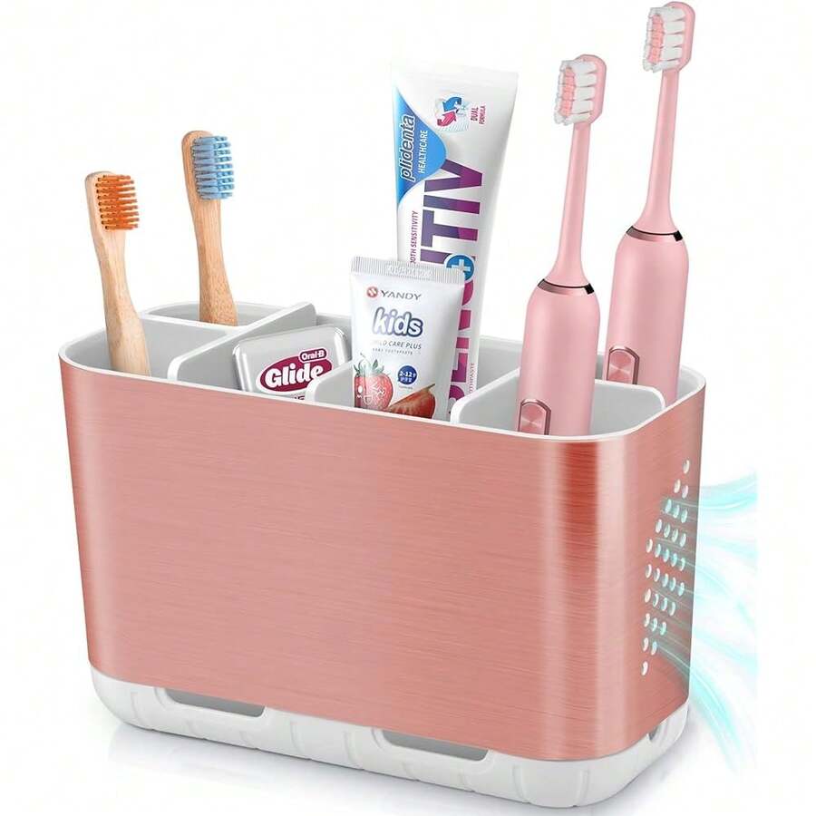 Boperzi Toothbrush Holders For Bathrooms Countertop, Electric Tooth Brush Holder With Adjustable Dividers, Detachable Anti-Slip Large Toothpaste Caddy Organizer Storage For Shower, Family, , Pink - 拉絲鎳+粉紅色 - 查看 1