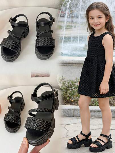1 par Sandalias de plataforma con tiras trenzadas negras para niñas, estilo casual cómodo y suave con hebilla, adecuado para niñas de 3 a 12 años, suela transpirable y antideslizante, apropiado para uso diario en el campus y la calle, sandalias de punta abierta