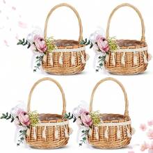 4 Pcs Rattan Woven Flower Basket For Wedding Small 5.12 X 8.27 Inch Rustic Wicker Floral Storage Basket With Artificial Flowers Decorative And Handle For Home Wedding Birthday Decor (Pink) - Pink - 查看 2
