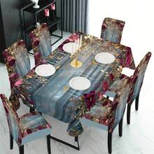 1/4/5/6/7/36件套春夏系列大牡丹花图案椅套/坐垫套装，饰以金色叶子、流苏链和亮片印花，适用于室内家居、餐厅、酒店，是现代日常装饰的理想之选。桌布适用于方形餐桌，弹性椅套可水洗。 - 彩色 - 查看 15