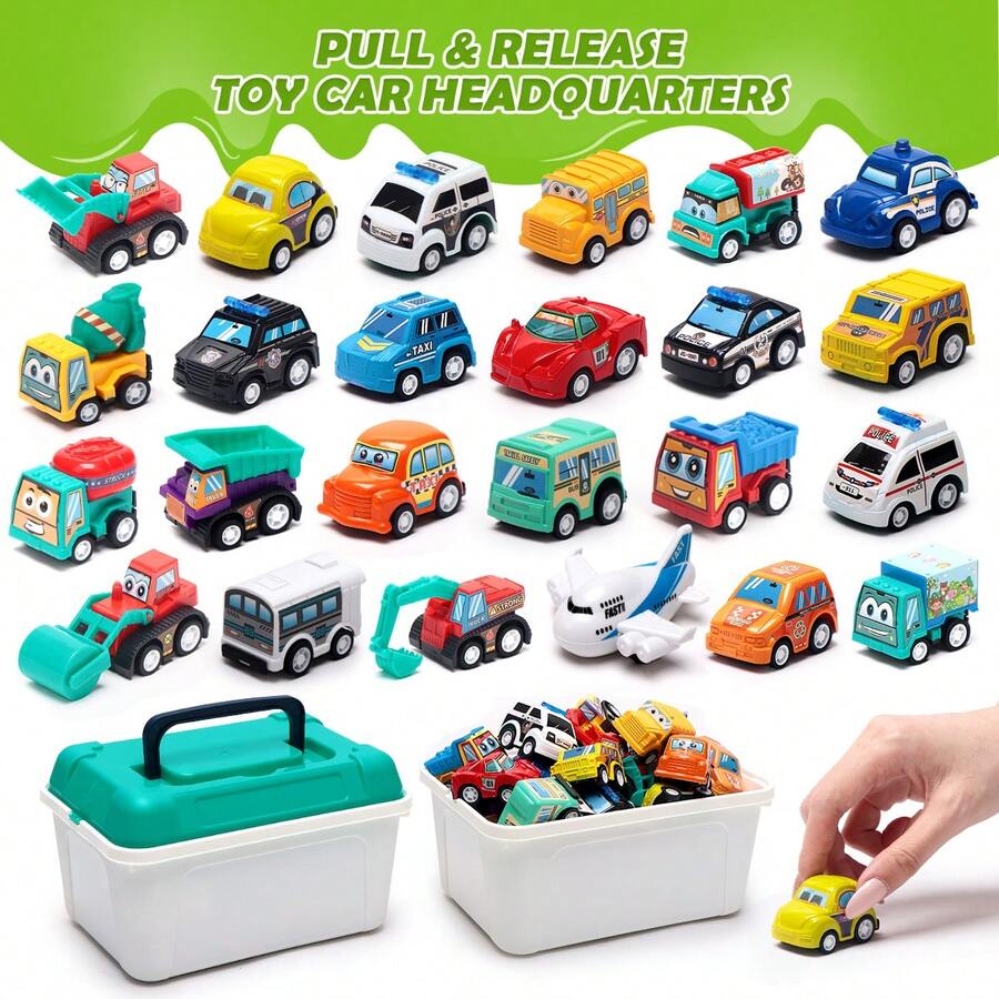 6-24pcs Children's Construction Vehicle Toy Set, Friction Powered Push & Pull Mini Interactive Toy Cars, With Storage Box, Suitable For Boys & Girls 3+ Years Old, Perfect Birthday & Holiday Gift - Multicolor - View 1