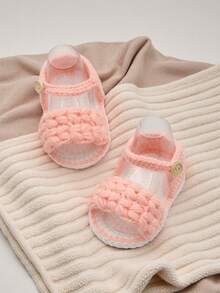1 Pair Handmade Crochet Infant Sandals, Pink, Soft Knit Footwear, Infant Shoes - Pink - View 5