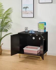 HaluPeit Cat Litter Box Enclosure, Hidden Litter Box Furniture, Wooden Pet House Side End Table, Storage Cabinet Bench, Fit Most Cat And Litter Box, Living Room, Bedroom, Black And Gold - màu đen - Xem 4