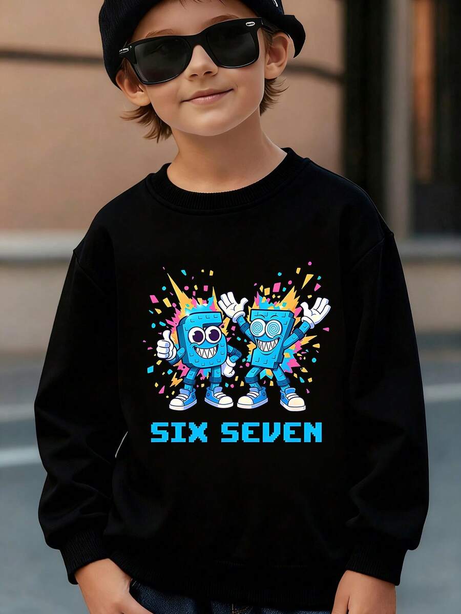 Blue Fun Friendly 67 Pattern -Tween Boy Sweatshirt 1pc- Warm Sports Long-Sleeved Pullover, Tops For Teen Boy| Casual Style | Campus | Clean Boy Esthetic | Friendly - 黑色 - 查看 1
