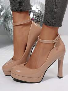 Women's Platform Mary Jane Pumps Closed Round Toe Ankle Strap Stiletto High Heels Dress Shoes - 米色 - 查看 6