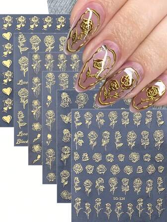 3/6 piezas Pegatinas de uñas 3D de rosas doradas, flores degradadas, pétalos florales, corazones, mariposas y líneas, decoración DIY con efecto bronceado y holográfico, autoadhesivas, decoración de uñas para el Día de San Valentín, suministros de manicura para salón