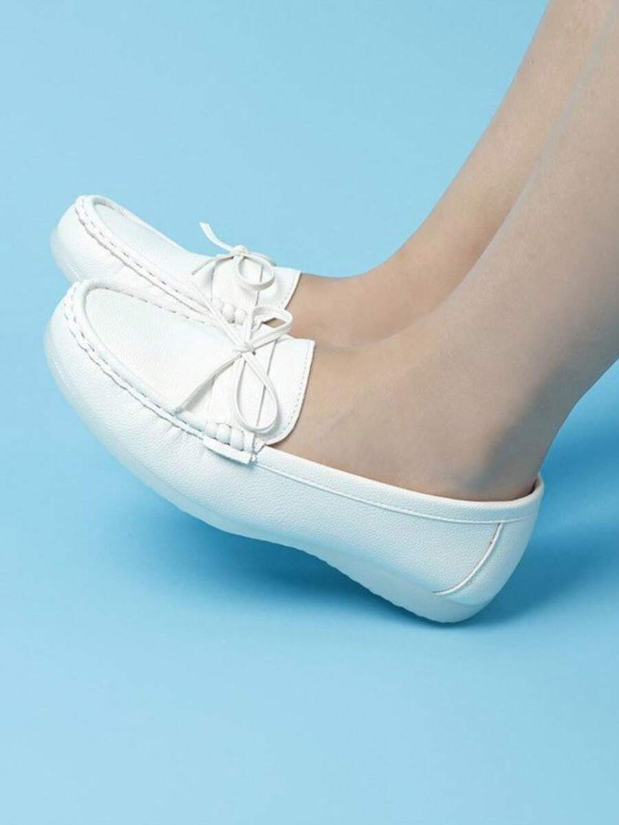 2026 New Women's All-White Nurse Shoes, Rubber Sole Medical Work Shoes, Bow Sweet Flat Soft Bottom Anti-Slip Maternity Small White Shoes, Women's Flat Casual Loafers, Mom Shoes - White - View 1