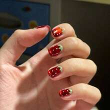 10Pcs Sweet And Cute Red Strawberry Nail Art Fruit Fake Nails Shiny Cat's Eye Short Spring And Summer Retro Hand Painted Nail Pieces Birthday Wedding Graduation Ceremony Decoration Removable Fake Nails - Kỷ nguyên - Xem 3