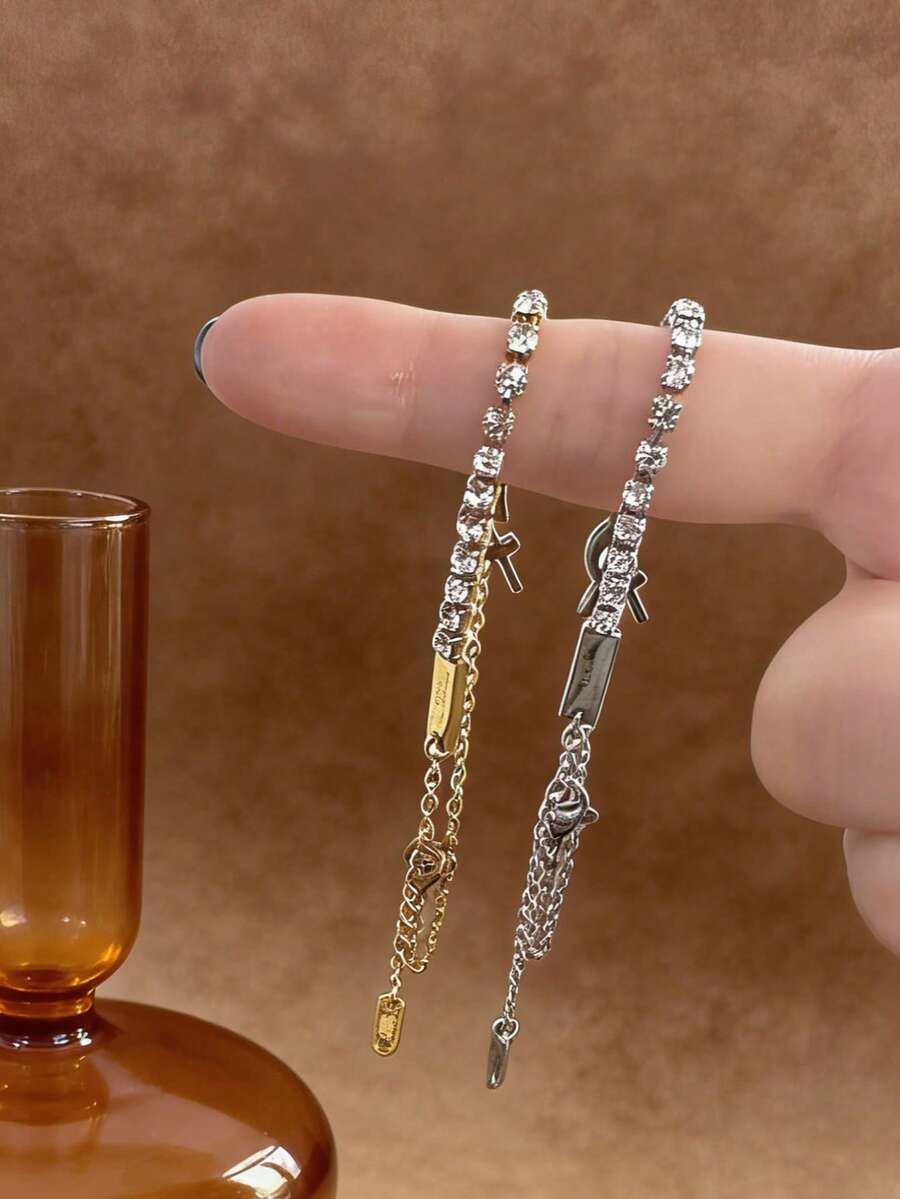 1件奢华水钻双链手链，镶嵌水晶Y&S字母吊坠，独特个性化小众珠宝，时尚街头配饰，可叠戴日常或派对造型，高品质时尚亮点 - 字母手鍊 - 查看 1