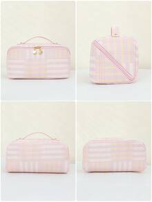 1 PC Pink Striped And Plaid Patchwork High-End Make Up Bag,Fashionable And Casual Large Capacity Portable Zipper Makeup Bags,Travel And Vacation Essentials Cosmetic Bags For Sanitary Napkins,Pouch Pads,Wired Earphones,Headphones - 淺粉色 - 查看 10