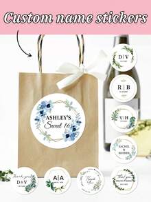 Personalized Custom 35pcs Eucalyptus-Themed Wedding Name & Favor Stickers​ – 4cm/1.57in Elegant Round Stickers, Customizable With Couple Names/Dates (E.G., "D&V 05.17.2025", "V|H 09.23.2022", "RACHEL & HAYDEN") And "Thank You" Messages. - Multicolor - View 8