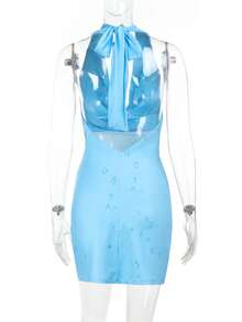 A Drop Print Summer Dress With A Swing Neck Design, Party Dress, For Cocktail - Blue - View 3