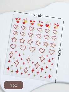 1片红色和金色爱心星星美甲贴纸，镂空金属爱心星星美甲贴花，少女风设计 - 彩色 - 查看 3