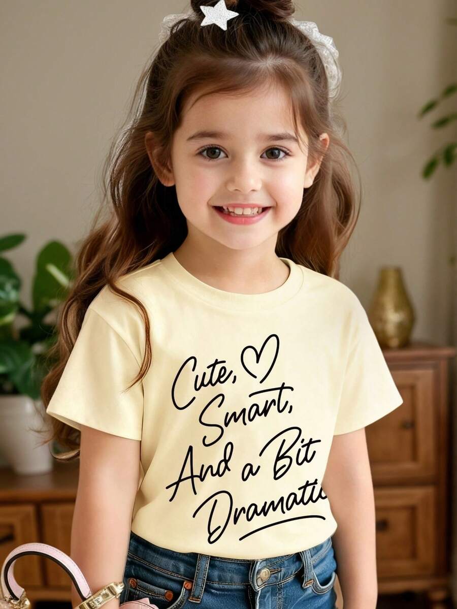 Young Girl Letter Print Short Sleeve T-Shirt - Apricot - View 1