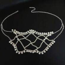 Luxury Fashion Multi-Layer Mesh Pearl Dramatic Music Festival Party Rhinestone Face Mask - Silver - View 4