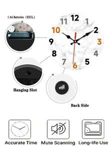 1个现代静音挂钟，日本石英机芯，圆形木质边框，大理石纹理，模拟显示，适用于客厅、卧室、办公室 - 电池供电（不含1节AA电池） - 彩色 - 查看 5