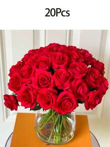 1/20支人造红玫瑰花束，仿真玫瑰，适合作为情人节礼物、婚礼派对礼物、家居装饰礼物、生日礼物、室内/室外装饰礼物、花瓶填充物、女士礼物、客厅装饰礼物、家居饰品、人造花 - 大紅色 - 查看 11