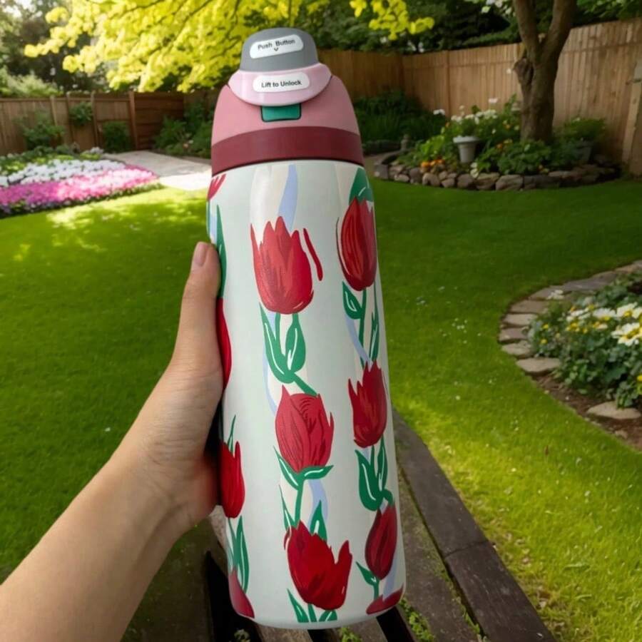 32oz Travel-Sized Water Bottle With Handle And Flip-Top Straw - Fits In Cup Holder, Leak-Proof And Insulated - Reusable, Made Of Stainless Steel - Cartoon Design - A Perfect Gift For Both Men And Women. - Đỏ - Xem 1