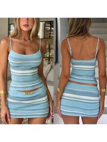 Womens Striped Knit Two Piece Set, Sleeveless Spaghetti Strap Tank Top And Low Rise Mini Skirt Summer Outfit - Blue - View 7