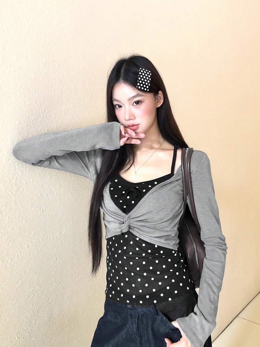 Women's Fashionable Versatile 2 In 1 Long Sleeve T-Shirt - Black and Gray - View 1