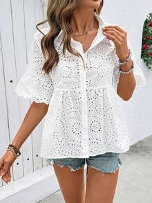 Plus Size Women Floral Embroidery Single-Breasted Ruffle Sleeve Casual Loose Top, Spring/Summer Vacation White - White - View 6