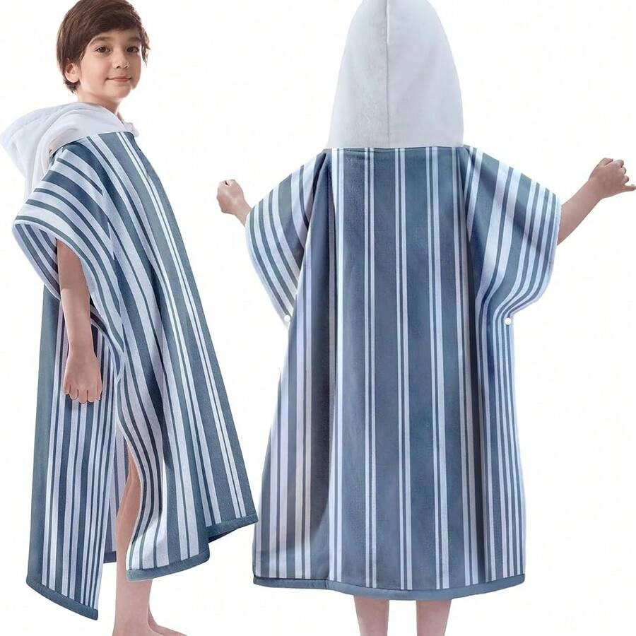 VOOVA & MOVAS Hooded Beach Towels(8-16Years), 1OO% Cotton Thick Poncho Towel Robe For , Perfect For Pool, Beach, Bath And Gifts, Grey Cabana Stripe Design - CabanaStripe-灰白色 - 查看 1