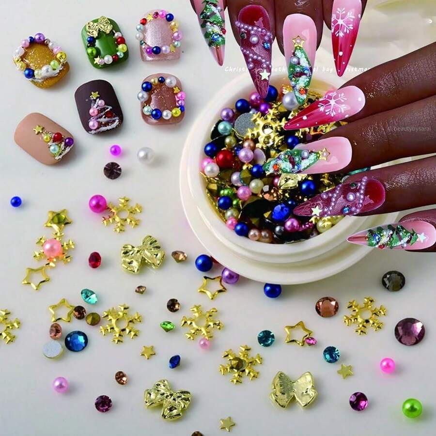 1Box Christmas Mixed Nail Charms Pearl Ornament Wreath Nail Rhinestones Gold Bow Star Snowflake Colored Nail Art Kit Diamond Nail Jewelry 3D Golden Xmas Nail Gems For DIY Nails Supplies - 銀色 - 查看 1