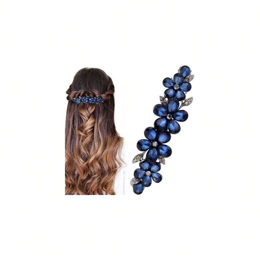 Sparkly Rhinestone Hair Clip, Crystal Blue Flower Prom Barrettes Wedding Engagement Pageant Formal Dressy Decorative Accessories For Bride Women Thick Long Hair - 1PCS - Blue Flower, 1pcs - View 1