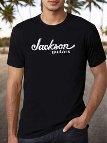 Chic Comfort Men Jackson Guitars Graphic Cotton T-Shirt Soft Lightweight Music-Inspired Design Black With White Lettering Regular Fit Short Sleeve For Casual Outdoor Wear All-Season Comfort Machine Washable Music Fan Apparel Musicthemed Apparel Soft Texture Shirt - 黑色 - 查看 8