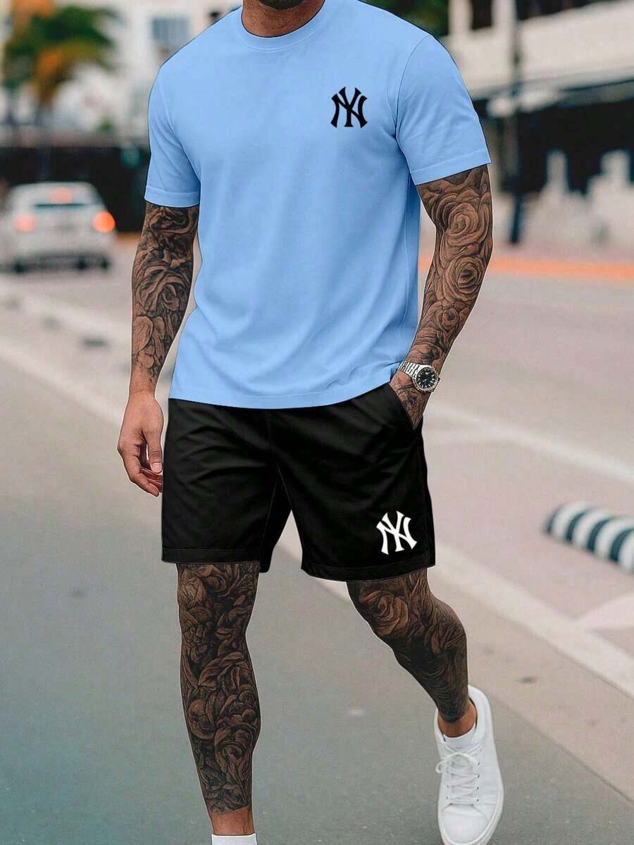 NY Streetwear T-Shirt And Shorts Set - Premium 26.1 Cotton Shirt - Màu xanh nhạt - Xem 1