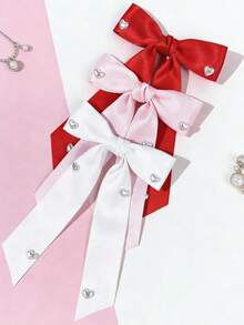 1pc Pearl Heart Bow Ribbon Hair Clip, Girls Luxury Versatile Hair Accessory - Multicolor - View 1