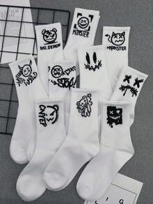 1/5/10 Pairs Random Assorted Men's Cartoon Graphic Monster Street Style Black & White Crew Socks, Long Casual Socks For Students And Couples, Sports Socks - White - View 12