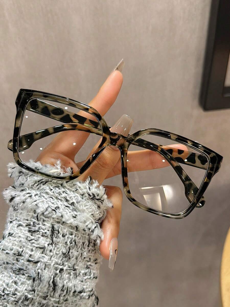 1pc Square PC Non-Prescription Glasses, Plus Size Leopard Print Retro Ins Fashion Eyewear Accessory, Non-Prescription - Multicolor - View 1