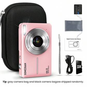  Stuogyum DC403 数码相机，4400万像素，自动对焦，16倍数码变焦，全高清1080P视频，图像稳定功能，小巧便携，包含32GB存储卡、700mAh电池和相机包。是摄影和摄像初学者的理想之选（粉色、绿色、黑色）。