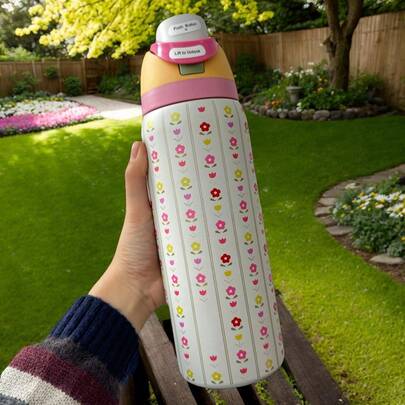 0walaa 32oz Travel-Sized Water Bottle With Handle And Flip-Top Straw - Fits In Cup Holder, Leak-Proof And Insulated - Reusable, Made Of Stainless Steel - Cartoon Design - A Perfect Gift For Both Men And Women.
