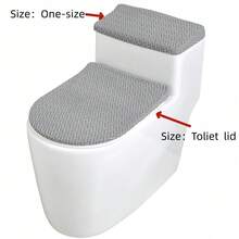 1 Set Solid Color Jacquard Knitted Toilet Seat Cover And Tank Cover, Stretch Toilet Seat Cover Set For Bathroom, Fits Small Size Toilet Tank And Lid, Home Decor - Dark Grey - View 7