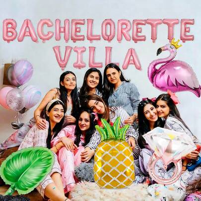 21pcs Hawaiian Bachelorette Party Balloon Set, Includes "BACHELORETTE VILLA" Letter Balloons, Rose Gold Rhinestone Balloons, Pineapple Balloons, Crown Flamingo Balloons, Palm Leaf Balloons, Suitable For Women's Bachelorette Party Decor, Hawaiian Party Decor, Atmosphere Decoration