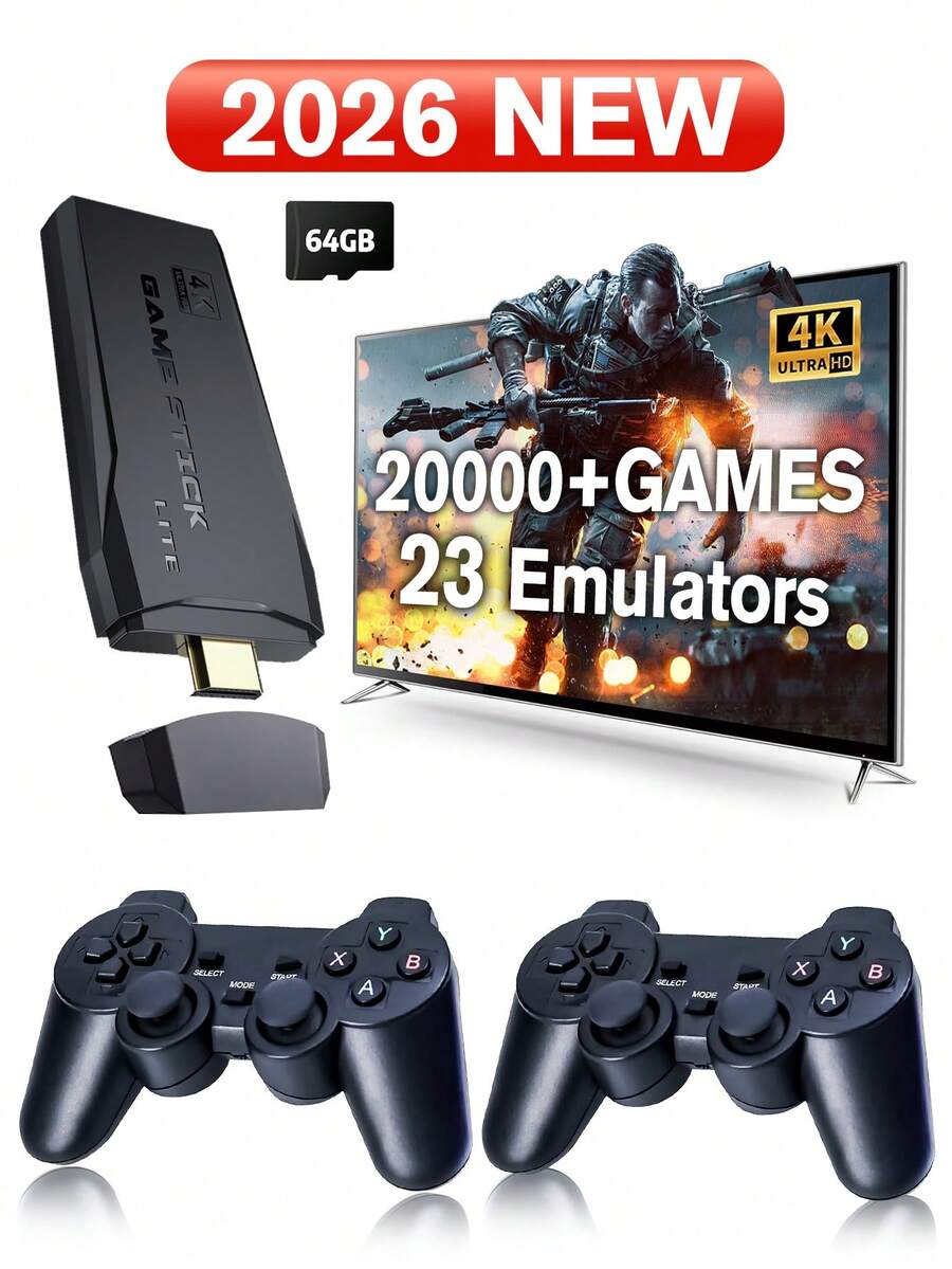 2025 Upgrade Retro Gaming Console, Wireless Retro Game Stick With 18 Built-In Emulators, 20,000+ Games, Plug And Play Video Games For TV, 4K Output With 2 2.4G Wireless Controllers (64GB) - 黑色 - 查看 1