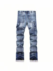 Nuevos Jeans Punk Azules Multi Bolsillos Sueltos Rectos Ligeramente Acampanados para Hombres Pantalones de Mezclilla Sin Estiramiento Moda Urbana - Azul lavado medio - Ver 2