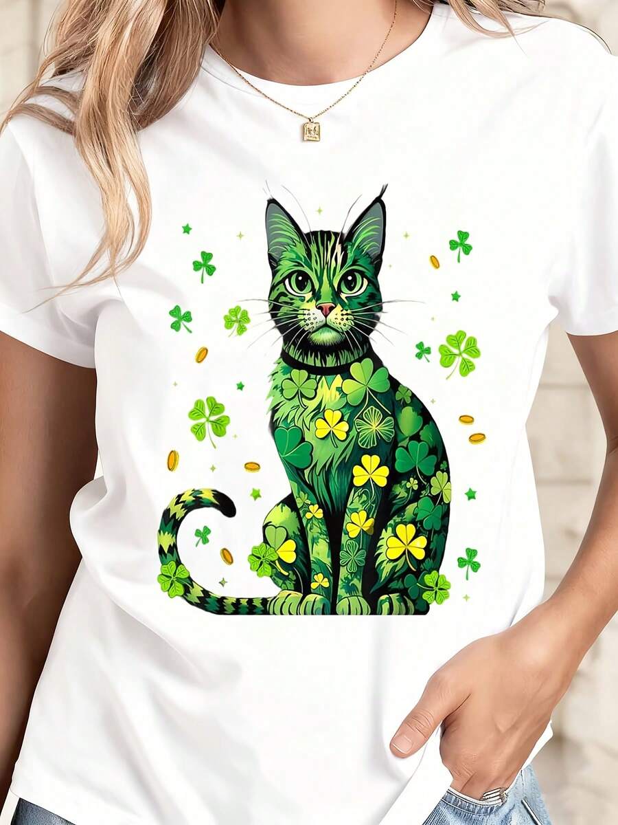 White T Shirt Green Cat With Clover And Flower Pattern For St Patrick's Day Celebration - White - View 1