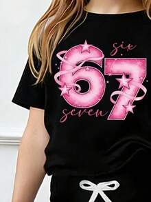 少女字母数字印花圆领短袖T恤搭配喇叭裤休闲套装 - 黑色 - 查看 3