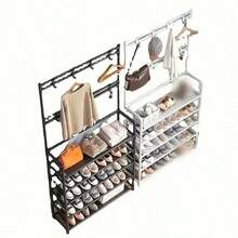 1pc Multi-Functional Iron Shoe Rack, 4/5 Tiers With 8 Hooks - Easy Assembly, Black/White Shoe Organizer Shelf - Multicolor - View 7