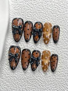 10pcs Elegant Minimalist Gel Nail Art Set, Acrylic Press-On Nails, Hand-Painted Black Edge Design, Black Bow Nail Decor, Black Polka Dot Nail Accessories, Brown & Yellow Nail Polish, Includes Nail Tools (1 Jelly Sticker + 1 Nail File), 3 Sizes: Almond, Duck Mouth, Coffin, Suitable For Valentine's Day, Commuting, Photography, Parties, Winter Nails, Great Gift For Women & Girls Nail Supplies - 彩色 - 查看 12