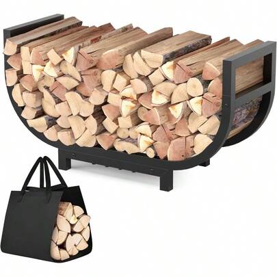30-Inch Firewood Rack Outdoor Indoor With Log Carrier Bag, Stable Log Holder Rustproof Metal Wood Rack For Fireplace Patio Deck Firepit, Heavy Duty Firewood Storage Organizer Tool, Black