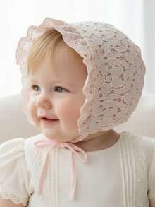 1pc Vintage Lace Embroidered Floral Baby Bonnet, 0-12 Months (Beige/White), Heirloom Christening & Photography Hat, Ultra-Soft Cotton Boho Photo Prop For Newborn Girls/Unisex - 1PC - View 10