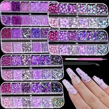 6 Boxes Flatback Pearls And Rhinestones For Crafting, Mixed Size 2-6mm Resin Rhinestones Gems Pearls For Bedazzling, DIY Nail Shoes Clothes Tumblers And Grad Cap Decoration With Pickup Tools(Purple) - Màu tím - Xem 1