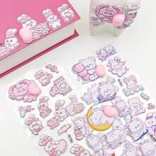 1pc Soft & Squishy 3D Flocked Sticker: A Rabbit Hugging A Heart, A Bear Lying On The Moon, Each One Is Cute & Warm, Emitting A Soft Pink Aura. A Delicate Gift To Add A Gentle Touch To Your Planner. - Multicolor - View 2